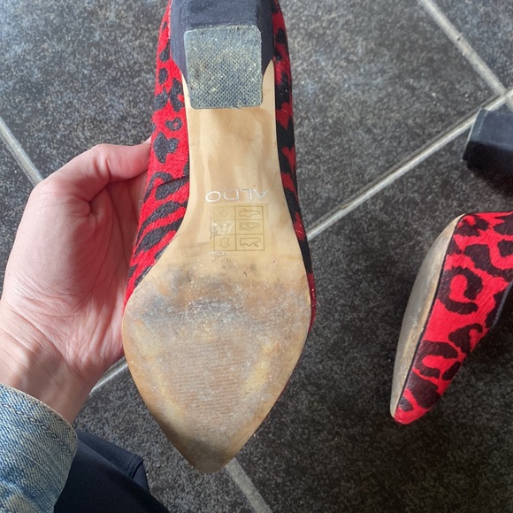 Genuine Leather Red Mohair Leopard Print High Heels - Picture 5 of 6